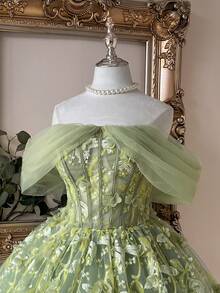 Lovelzi 优雅橄榄绿奢华3D珠绣花卉露肩鱼尾高腰A字连衣裙，后背系带可调节，适合约会、度假、单身派对、婚礼、返校活动等场合，女士短款晚礼服 - 綠色 - 查看 6