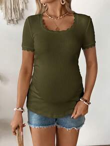 SHEIN Kaos Hamil Lengan Pendek Kasual Bergaris Leher Persegi - Hijau Tentara - View 5
