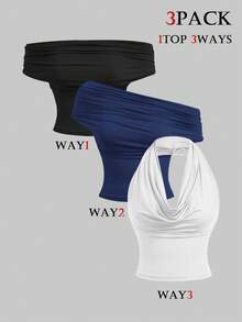 SHEIN MOD 女士95%棉三穿纯色修身上衣（黑色、白色和宝石蓝） - 垂领、露肩、无肩带，休闲美观的春夏上衣，适合参加节日、海滩度假、下午茶会、舞会、嘉年华、西部风情等场合，可爱又时尚。 - 彩色 - 查看 2