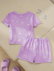 LOONEY TUNES X SHEIN Baby Girl Cartoon Print Round Neck Short Sleeve T-Shirt And Shorts Pajama Set - Mauve Purple - View 2