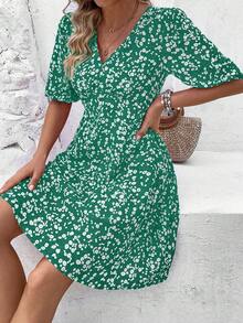 EMERY ROSE Vacation Casual Ditsy Floral Dress - Green - View 3