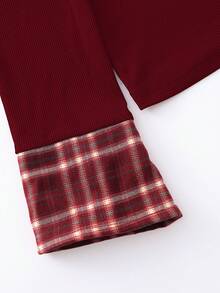 Lalippa New Retro 2 In 1 Plaid Patchwork Black Polo Collar Long Sleeve T-Shirt - Burgundy - View 3