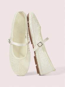 CUCCOO DOLLMOD Women's Shoes Fashion Round Head Flower Embroidery Word With Mary Jane Flats Cute And Sweet - Beige - View 1