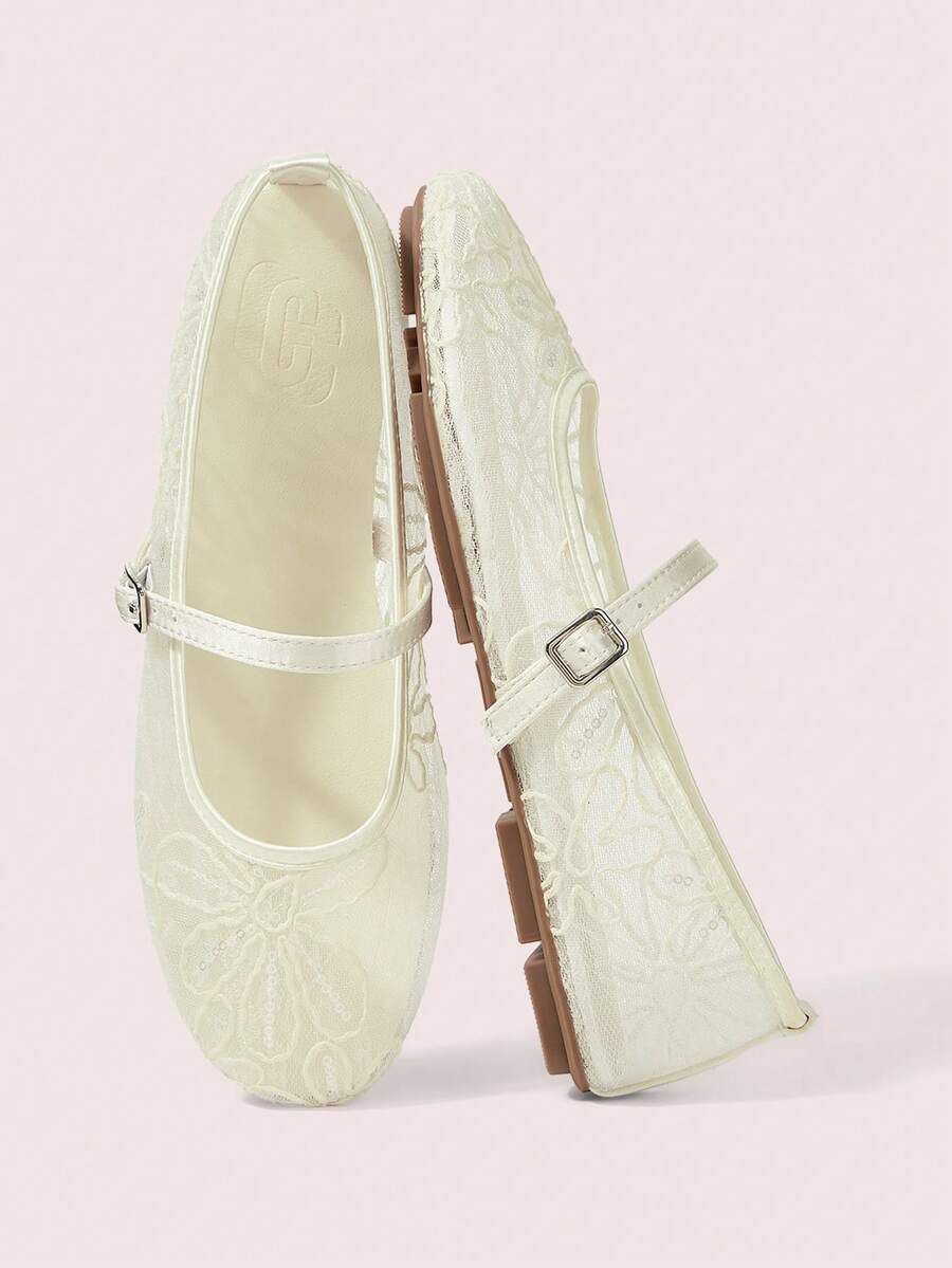 CUCCOO DOLLMOD Women's Shoes Fashion Round Head Flower Embroidery Word With Mary Jane Flats Cute And Sweet - Beige - View 1