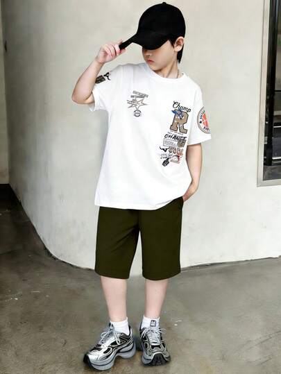 SHEIN 2pcs/Set Tween BoyRound Neck Short Sleeve T-Shirt And Shorts With Pockets Set