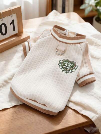 PETSIN 1pc Cat/Dog Clothing, Pit Stripe Knitted Pet Zipper Cardigan With Traction D-Ring Contrasting Border Embroidered Pet Sports Shirt