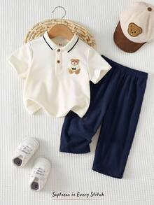 Cozy Pixies 2 Peças Conjunto de Moletom com Zíper Parcial de Manga Longa e Estampa de Urso Cartoon para Menino Bebê e Calça Elástica de Cor Sólida - Azul marinho - Visão 8