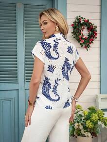 Women's Standard Size Textured Fabric Solid Color Print Casual Vacation Shirt, Spring/Summer - Blue and White - View 2