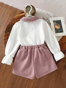 SHEIN Elladie kids 2件組少女甜美優雅彼得潘領珍珠鈕扣拼色襯衫與蝴蝶結珍珠短褲，秋季親子套裝可愛淑女風派對套裝 - 藕粉色 - 查看 2