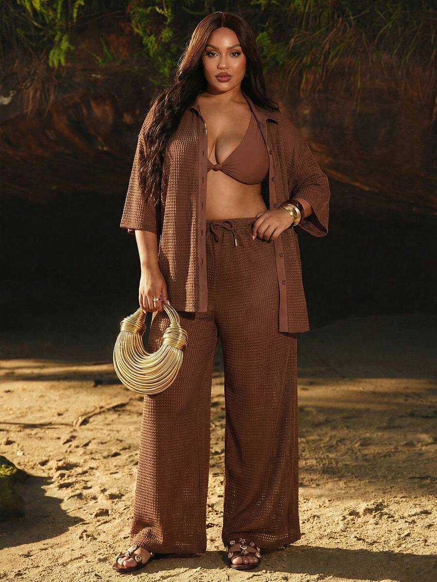 SHEIN BAE Plus Size Casual Brown Knitted Collared Half Sleeve Blouse And Long Pants Co-Ord Set With Pockets For Women - Brown - View 1