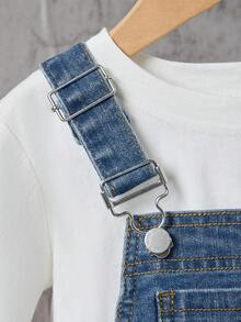 SHEIN Young BoyNavy Blue Denim Elastic Suspender Shorts - Light Wash - View 3