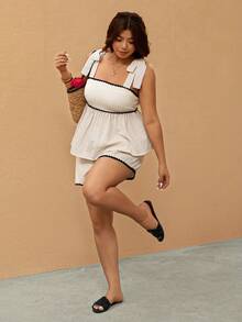 Elaquor Bộ 2 món áo hai dây và quần short thường ngày dành cho nữ cỡ lớn đi nghỉ mát - Màu be - Xem 5