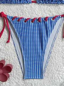 Swim Mod 2pcs/Set Plaid Print Spaghetti Strap Backless Tie Swimsuit Set For Women, Spring/Summer - Blue and White - View 5