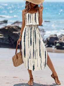 Sylviya 女士夏季亲肤扎染吊带连衣裙，配腰带和侧开衩，夏季连衣裙，春季服装，休闲 - 彩色 - 查看 1