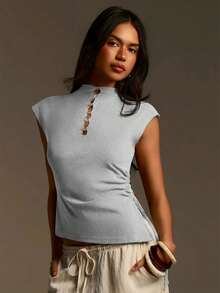 Athîral Women's Casual Hollow-Out Button Decor Blouse,Summer Top - Grey - View 5
