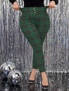 SHEIN Clasi Quần bó cạp cao kẻ caro thời trang cỡ lớn - màu xanh lá - Xem 3