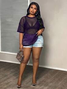 Slaydiva Kaos Ukuran Besar Gaya Jalanan Kasual Hitam Transparan Lengan Pendek Longgar Leher Bulat Panjang Reguler, Cocok untuk Musim Semi dan Gugur - Purple - View 5