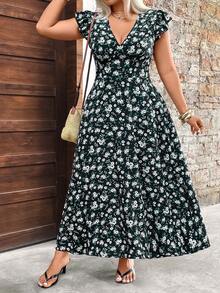 Breezaya Plus Size Women's Summer Romantic Floral V-Neck Dress, Elastic Waist Ruffle Hem Maxi Dress, Suitable For Beach Vacation And Travel Women's Summer Dresses Women's Floral Dress Women Casual Dresses Women Holiday Dress Women's Spring Dress - Navy Blue - View 5