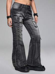 ROMWE Grunge Punk 大码女式做旧朋克金属铆钉超低腰喇叭牛仔裤 - 灰色 - 查看 5