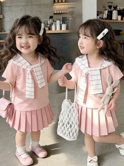 SHEIN Playful Pals 3pcs/Set Toddler Infant Baby Girls' Summer Casual T-Shirt, Striped Versatile Shawl, And Matching Pleated Skirt, Fashionable And Comfortable Daily Casual Street Style Outfit, Baby Girls' Summer Set, Girls' Outfit Baby Girl Skirt Set Babygirl Skirt Sets Baby Girl School Uniform Pink Baby Clothes Summer Wear For Girls