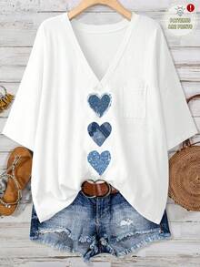 EMERY ROSE Plus Size Casual  Heart Texture Print T-Shirt, Suitable For Summer,Flower/Vacation/Spring - Multicolor - View 7