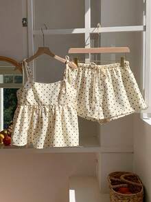 Comfortcana 女士度假休闲波点印花吊带背心和短裤两件套 - 黃色 - 查看 5