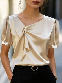 Lyxana Women's Solid Color Faux Pearl Decor Asymmetric Collar Puff Sleeve Elegant Blouse - Apricot - View 7