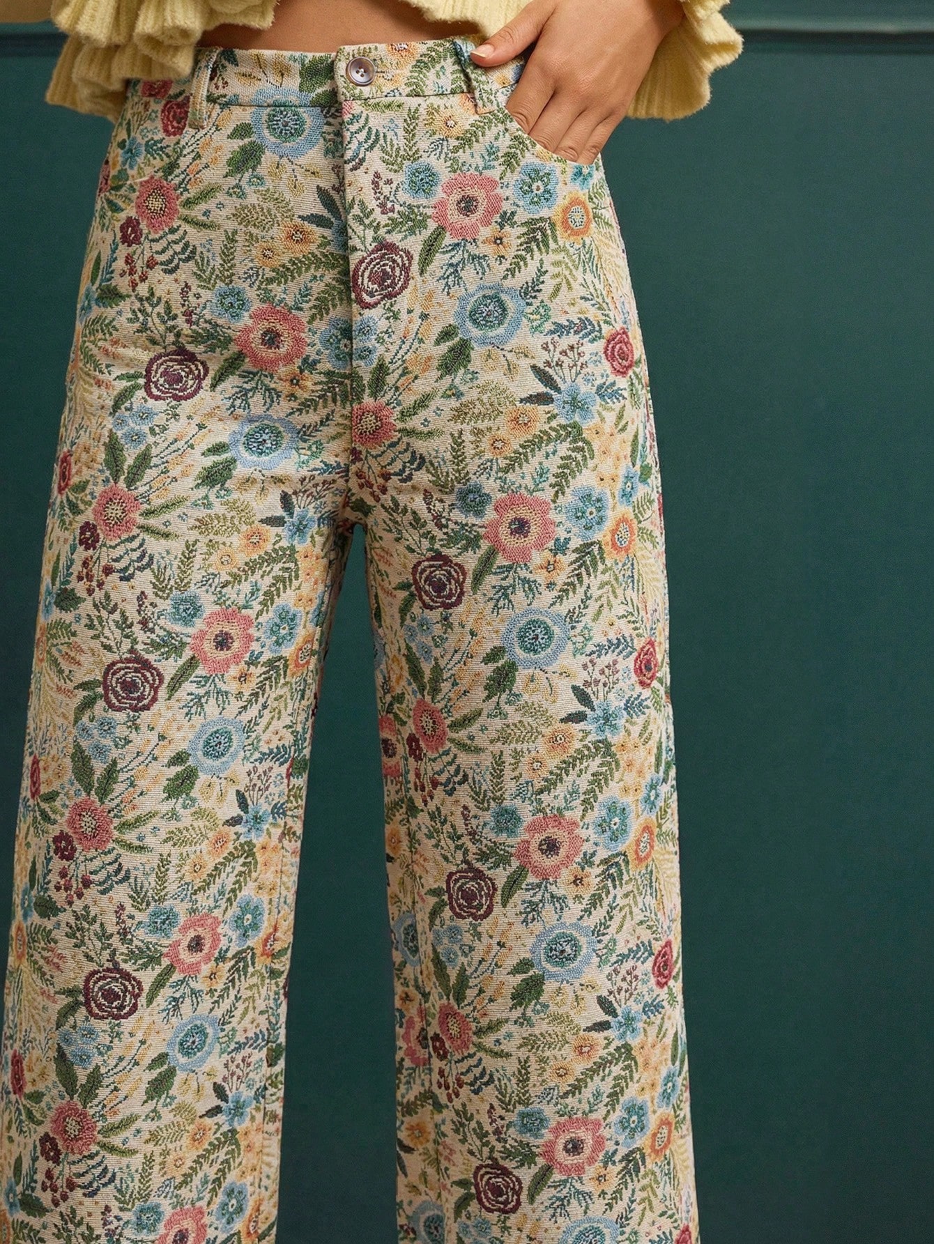 Vintage Style Floral Jacquard High Waisted Wide Leg Trousers Spring Summer Going Out
