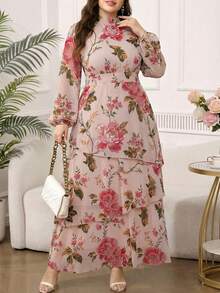 Reflora 大码女式印花立领优雅收腰派对连衣裙 - 粉色 - 查看 6
