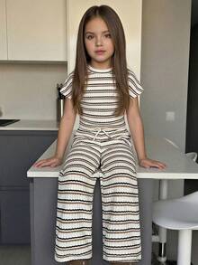 SHEIN 女童条纹短袖T恤和阔腿裤套装 - 杏色 - 查看 5