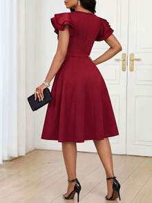 Fleurora Women's Elegant Ruffle Sleeve Sweetheart Neck Rhinestone Waist Midi Dress, Summer - Burgundy - View 2