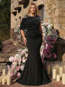 Aureia 大码优雅奢华黑色弹力针织撞色网纱不对称荷叶边修身鱼尾裙，适合晚宴、单身派对、约会、舞会、度假、婚礼等场合。 - 黑色 - 查看 2