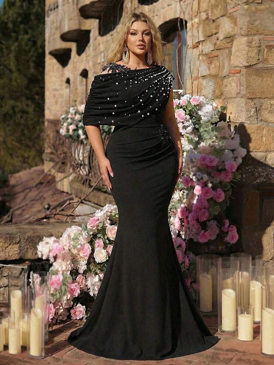 Aureia 大码优雅奢华黑色弹力针织撞色网纱不对称荷叶边修身鱼尾裙，适合晚宴、单身派对、约会、舞会、度假、婚礼等场合。