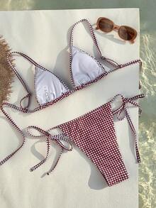 Swim Mod 2026春夏时尚格子印花吊带露背性感比基尼两件套泳衣套装（女款） - 酒紅色 - 查看 2