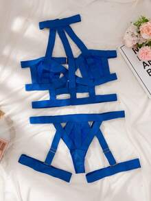 鏤空吊脖鋼圈吊帶襪內衣套裝 - 寶藍色 - 查看 4