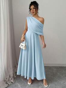 Rafferiza Đầm midi xòe bằng chiffon, kiểu dáng thanh lịch, đa năng, màu xanh dương, thích hợp cho mùa xuân/hè. Phong cách thời trang Pháp sang trọng, thanh lịch, vai lệch, chất liệu chiffon, màu xanh dương. - Màu xanh nhạt - Xem 5