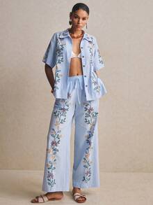 Poéselle Women's 100% Cotton Floral Wide-Leg Pants,Light Blue Boho Elastic-Waist Lounge Trousers Embroidered Palazzo Summer Beach Vacation Holiday Autumn - Blue - View 5