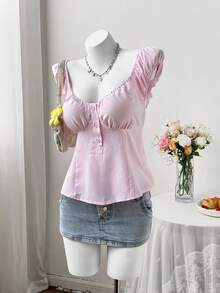 Sweetra Plus Size Summer Pink Waist Cinched Casual Commute Short Sleeve Shirt - Pink - View 5