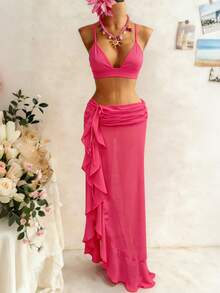 Roelina Chiffon Tie-Front Skirt For Beach Vacation - Hot Pink - View 3