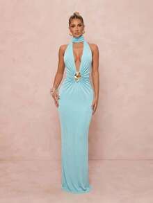 Lumalex 女士优雅性感立领金属扣装饰无袖修身喇叭连衣裙，春夏款 - 藍色 - 查看 5