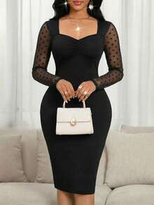 SHEIN Lady 女士优雅撞色网纱心形领紧身连衣裙，秋季 - 黑色 - 查看 1