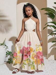 SHEIN 适合青少年女孩的夏季碎花系领长款沙滩连衣裙 - 杏色 - 查看 8