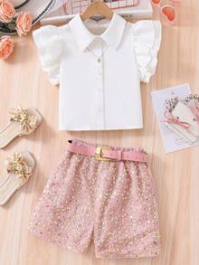 Sparklyn Conjunto de blusa de manga corta y pantalones cortos con lentejuelas para niñas preadolescentes, ideal para vacaciones, verano y viajes - Rosa - Ver 3