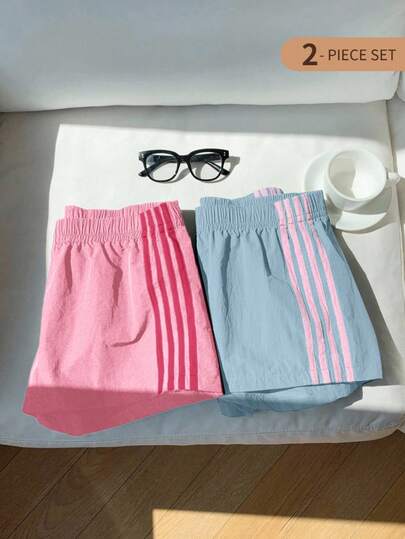 SHEIN 2pcs Shorts With 4 White Stripe Sides, Classic Fashion Colors Green & Pink, Vibrant Shades Great For Outings & Travel
