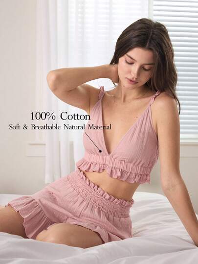 Ocili 2pcs Women's Soft Cotton Layered Crepe Camisole & Shorts Pajama Set, Comfortable Loungewear