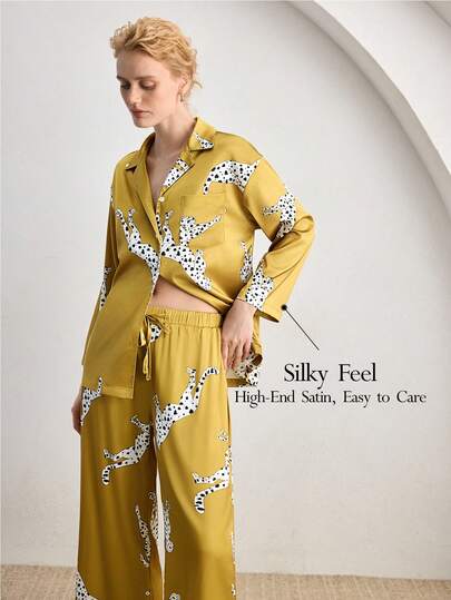 Ocili 2pcs Leopard Print Minimalist Animal Pattern Collar Pajama Set, Including 3/4 Sleeve Top And 7/8 Pants, Comfortable Sleepwear For Women