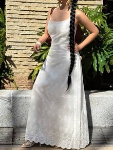 Livesso 春夏蕾丝镂空提花白色吊带连衣裙，休闲度假沙滩中长连衣裙 - 白色 - 查看 4