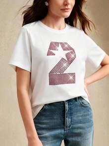 Anewsta Women's Round Neck Casual Numeric Pattern Short Sleeve T-Shirt, Versatile For Daily Wear - White - View 3