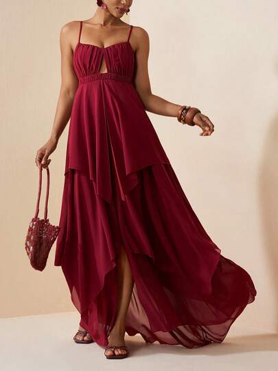 Zivah 2026 Spring/Summer New Arrival Valentine's Day, Music Festival, Easter, Western, Nomadic, Bohemian, Nashville Style Party, Wedding, Formal Event, Date, Gathering, Birthday, College, Student, Daily Wear, Basic Versatile, Casual, Vacation, Cruise Travel, Beach, Sunbathing, Trending, Elegant, Commute, Business Casual Sleeveless, Front Pleated, Cutout, Multi-Tier Irregular Ruffle Hem, High Slit, Fitted A-Line Maxi Dress, Wine Red Dress, Spring/Summer Dress, Party Dress, Sexy Dress, Women Dress