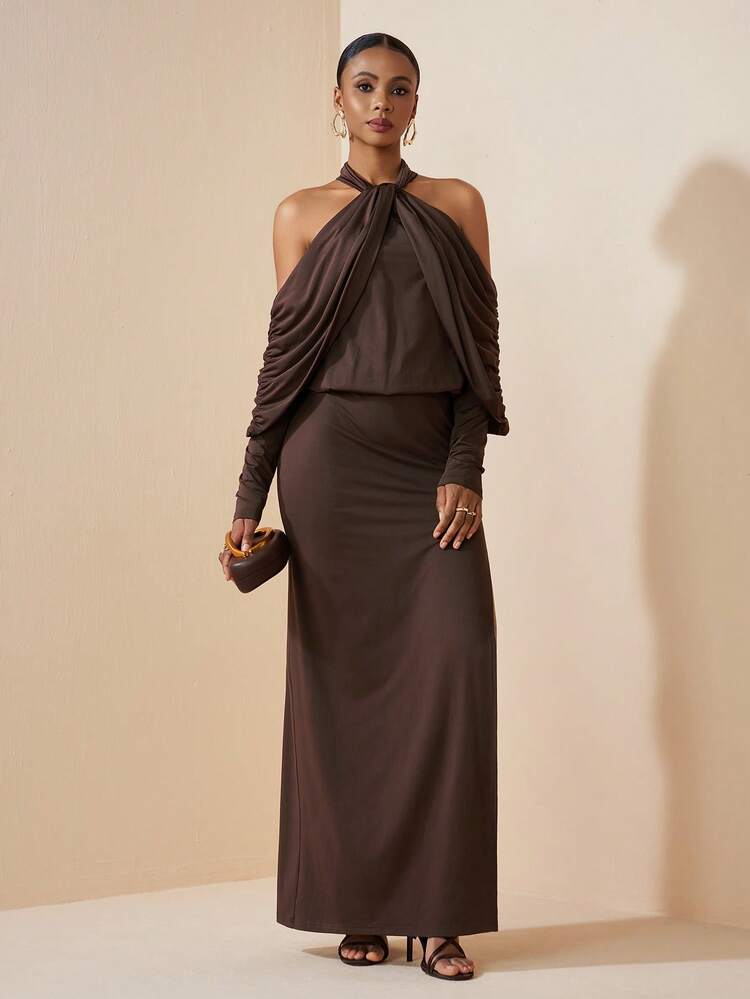 2026 Spring/Summer New Arrival Valentine's Day, Music Festival, Easter, Western, Nomadic, Bohemian, Nashville Style Party, Wedding, Evening, Date, Gathering, Birthday, College, Student, Daily Wear, Basic Versatile, Casual, Vacation, Cruise Travel, Beach, Sunbathing, Viral Hit, Elegant, Commute, Business Casual Halter Neck Criss-Cross Twist Long Sleeve Loose Top, Bodycon Long Dress, Dark Brown Maxi Dress, Spring/Summer Dress, Party Dress, Formal Dress, Women Dress Luxury Dresses For Women Wrap Ar - Coffee Brown - View 4